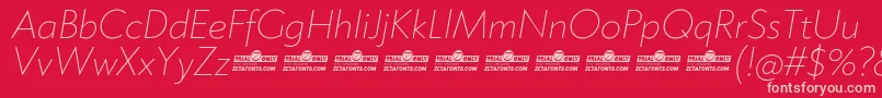 Fonte Klein ExtraLight Italic trial – fontes rosa em um fundo vermelho