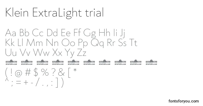 Шрифт Klein ExtraLight trial – алфавит, цифры, специальные символы