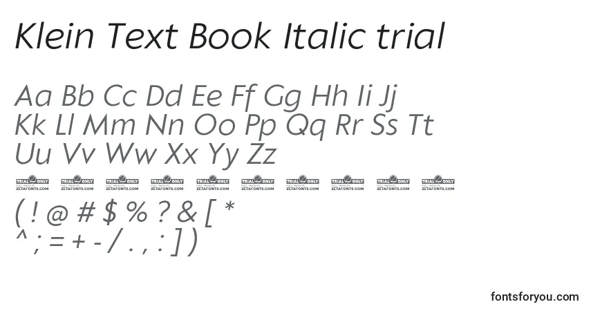 A fonte Klein Text Book Italic trial – alfabeto, números, caracteres especiais