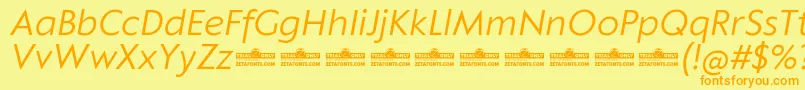 Saiba mais sobre a fonte Klein Text Book Italic trial Fonte Klein Text Book Italic trial – fontes laranjas em um fundo amarelo