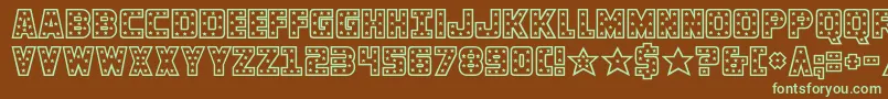 フォントknievel – 緑色の文字が茶色の背景にあります。
