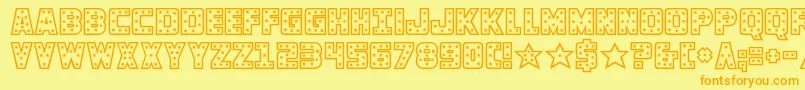 フォントknievel – オレンジの文字が黄色の背景にあります。