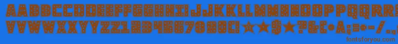 フォントknievelacad – 茶色の文字が青い背景にあります。