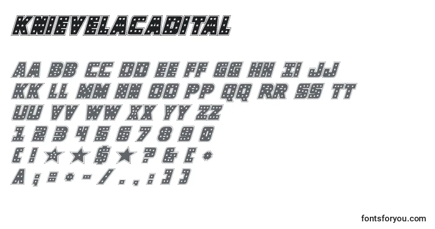 Schriftart Knievelacadital – Alphabet, Zahlen, spezielle Symbole