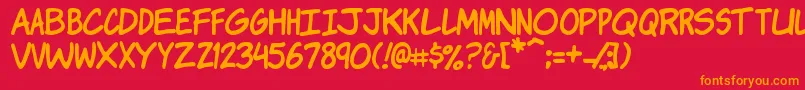 KOMIKJ  -Schriftart – Orangefarbene Schriften auf rotem Hintergrund