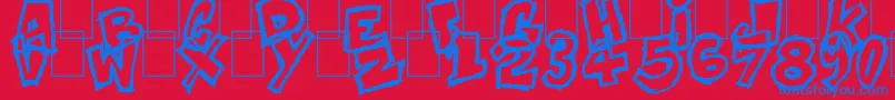 Komikoz-Schriftart – Blaue Schriften auf rotem Hintergrund