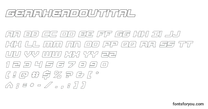 Czcionka Gearheadoutital – alfabet, cyfry, specjalne znaki