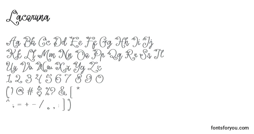 Czcionka Lacoruna  – alfabet, cyfry, specjalne znaki