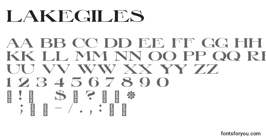 A fonte LakeGiles – alfabeto, números, caracteres especiais