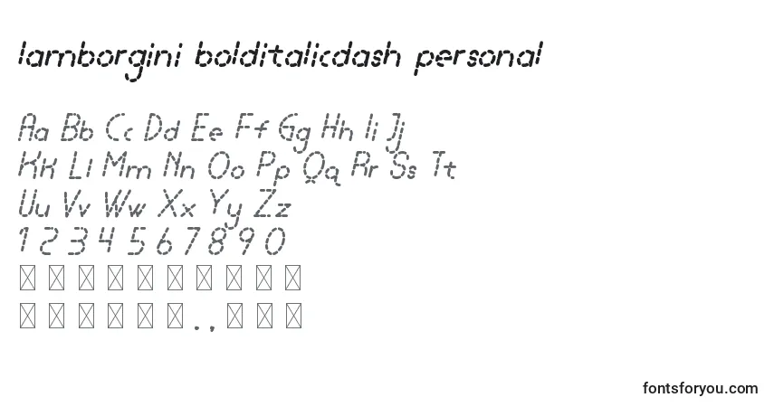 Czcionka Lamborgini bolditalicdash personal – alfabet, cyfry, specjalne znaki