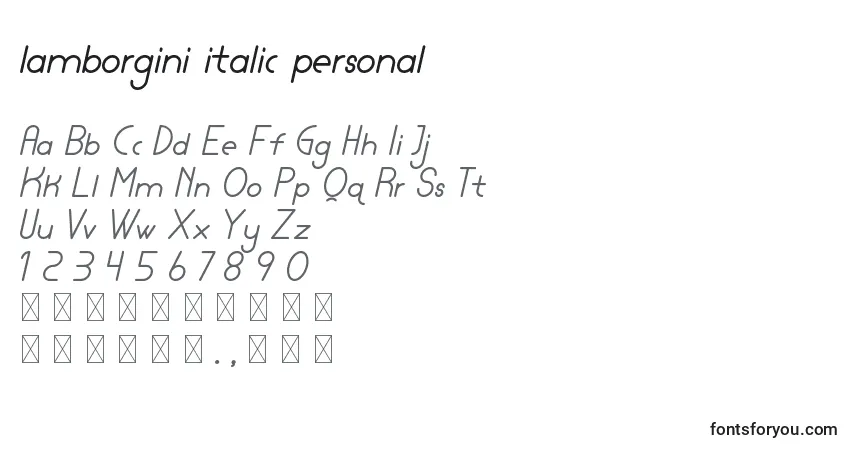 A fonte Lamborgini italic personal – alfabeto, números, caracteres especiais