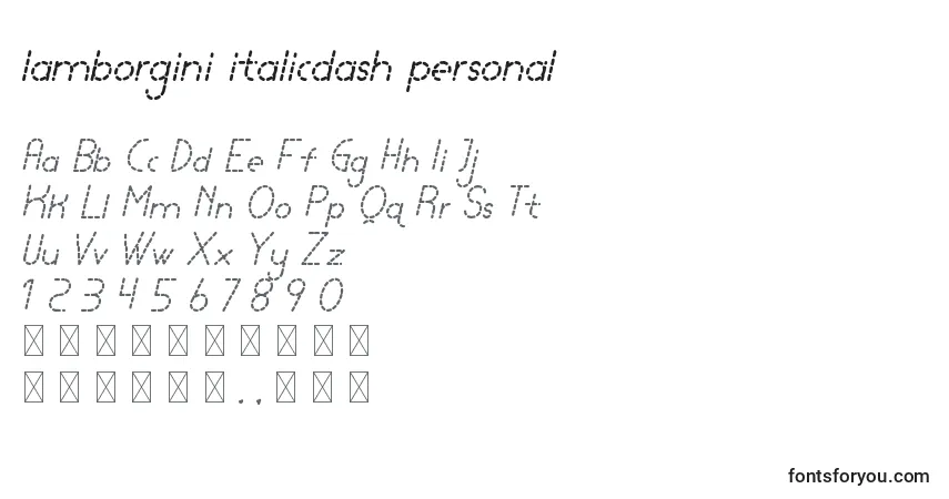 Czcionka Lamborgini italicdash personal – alfabet, cyfry, specjalne znaki