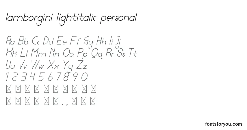 Шрифт Lamborgini lightitalic personal – алфавит, цифры, специальные символы