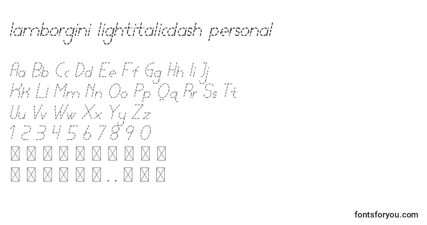 A fonte Lamborgini lightitalicdash personal – alfabeto, números, caracteres especiais