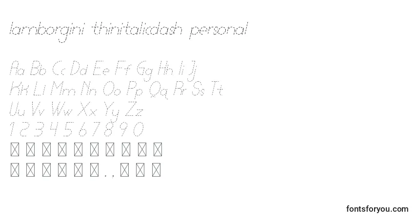 Czcionka Lamborgini thinitalicdash personal – alfabet, cyfry, specjalne znaki