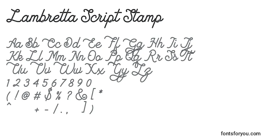 Schriftart Lambretta Script Stamp – Alphabet, Zahlen, spezielle Symbole