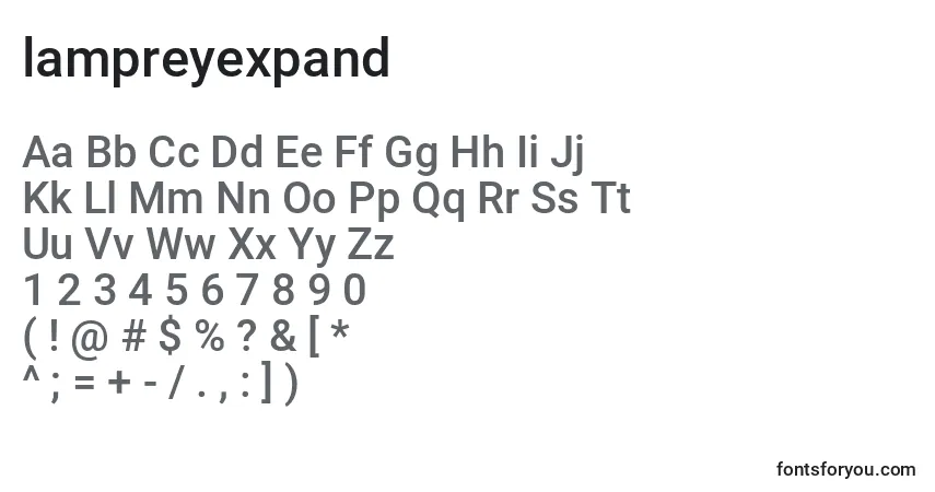 Schriftart Lampreyexpand (132201) – Alphabet, Zahlen, spezielle Symbole