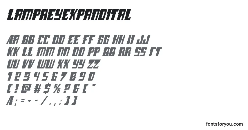 Schriftart Lampreyexpandital (132202) – Alphabet, Zahlen, spezielle Symbole