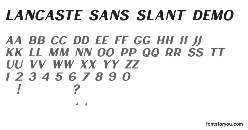 Шрифт Lancaste Sans Slant Demo – алфавит, цифры, специальные символы