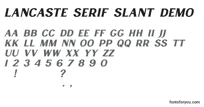 Czcionka Lancaste Serif Slant Demo – alfabet, cyfry, specjalne znaki