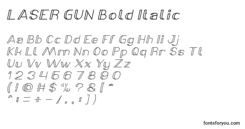 Шрифт LASER GUN Bold Italic – алфавит, цифры, специальные символы