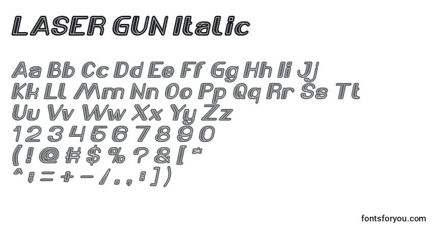 Schriftart LASER GUN Italic – Alphabet, Zahlen, spezielle Symbole