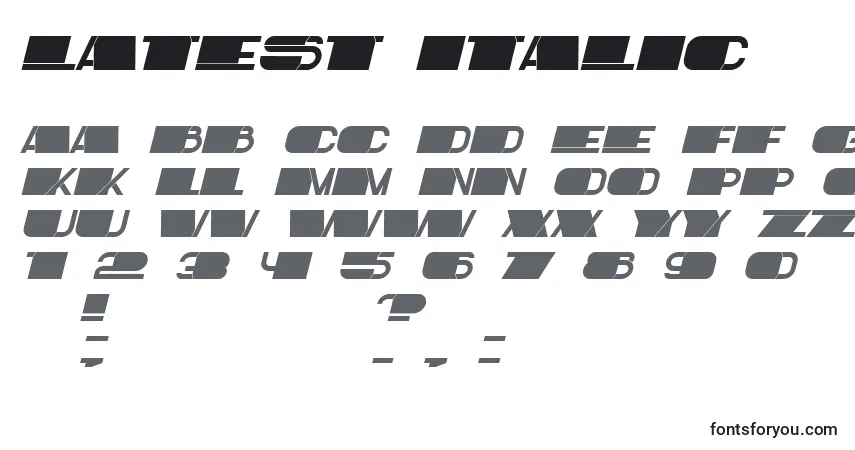 Шрифт Latest Italic – алфавит, цифры, специальные символы