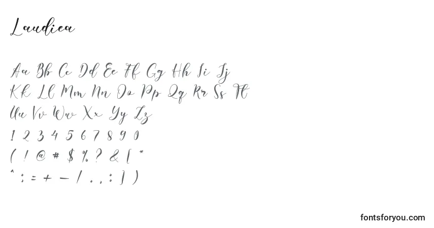 Czcionka Laudiea – alfabet, cyfry, specjalne znaki