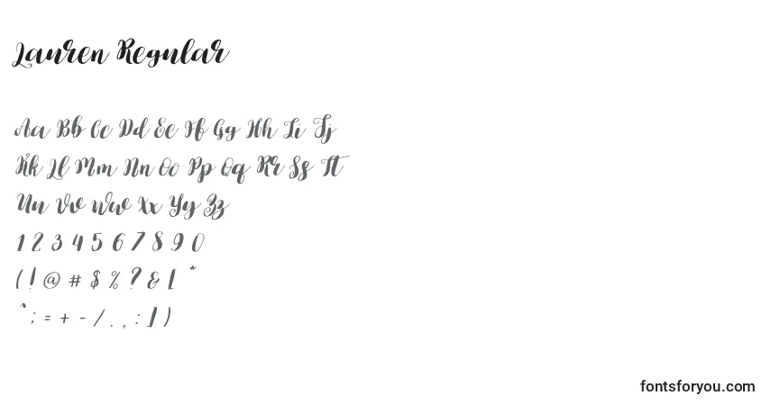 Czcionka Lauren Regular – alfabet, cyfry, specjalne znaki