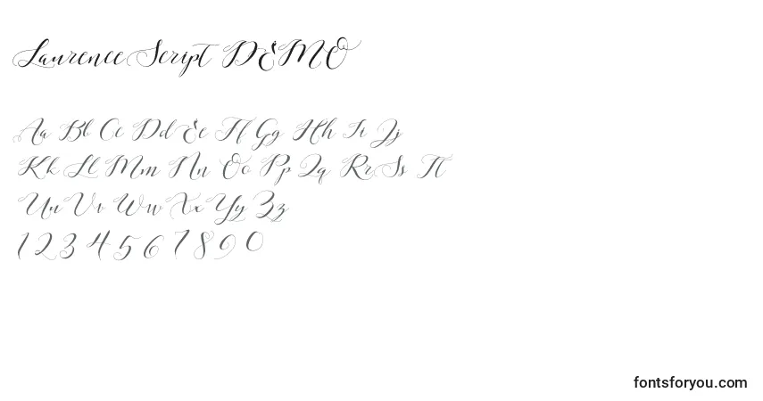 Czcionka Laurence Script DEMO – alfabet, cyfry, specjalne znaki