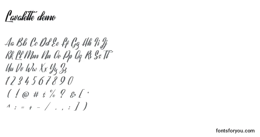 A fonte Lavalette demo – alfabeto, números, caracteres especiais