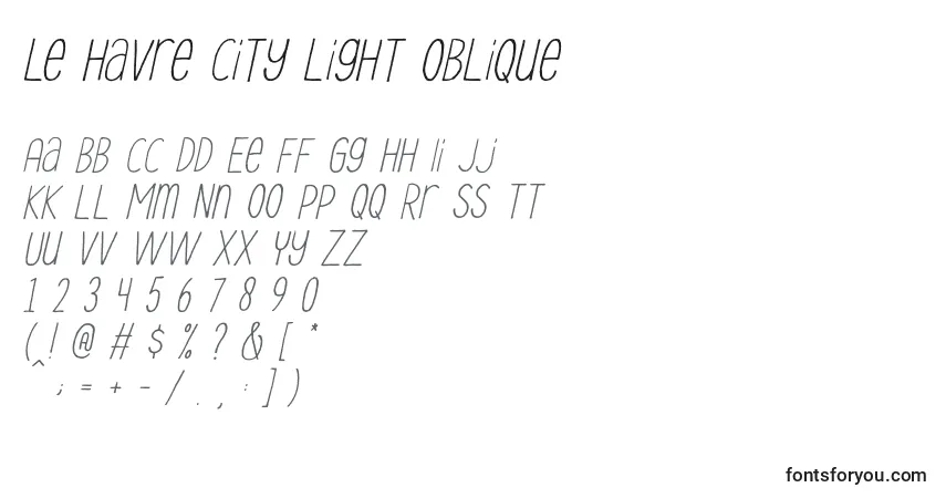 Шрифт Le Havre City Light Oblique – алфавит, цифры, специальные символы