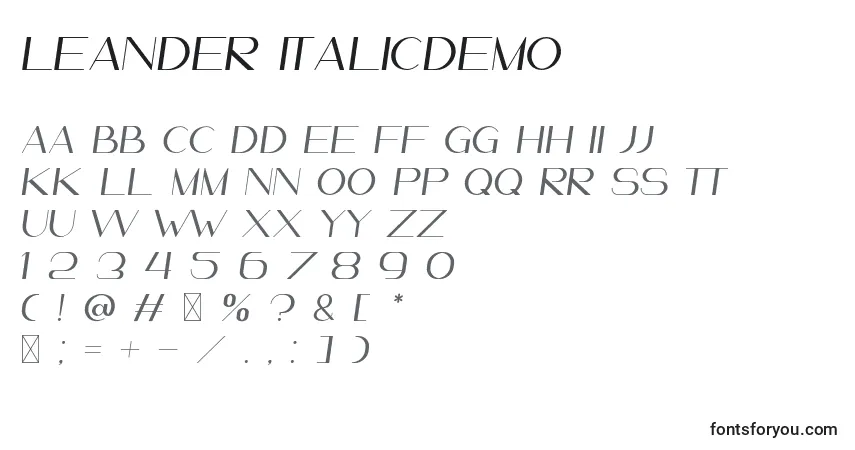 A fonte Leander ItalicDemo – alfabeto, números, caracteres especiais