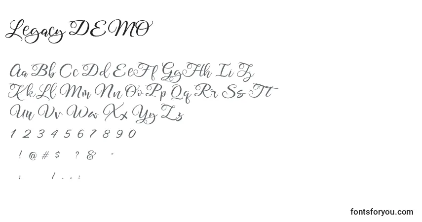 Czcionka Legacy DEMO – alfabet, cyfry, specjalne znaki