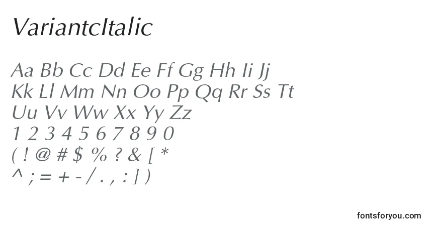 Czcionka VariantcItalic – alfabet, cyfry, specjalne znaki
