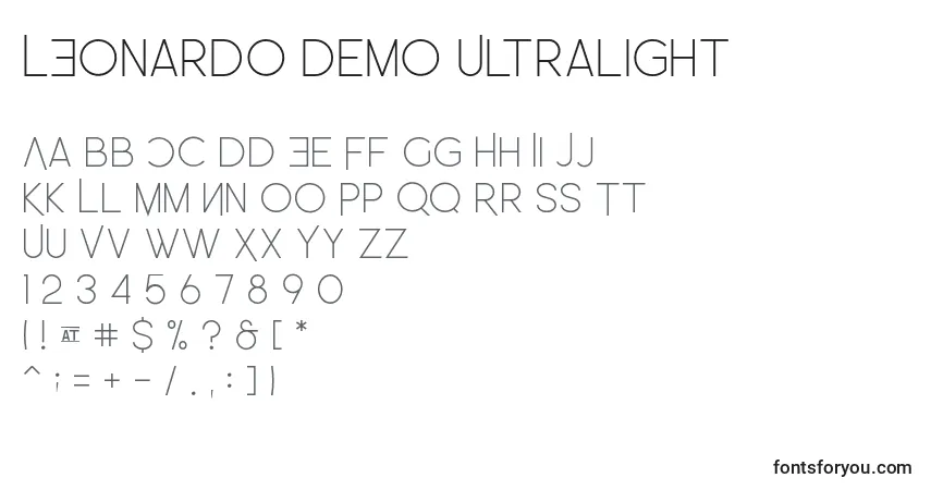 A fonte LEonardo Demo Ultralight – alfabeto, números, caracteres especiais