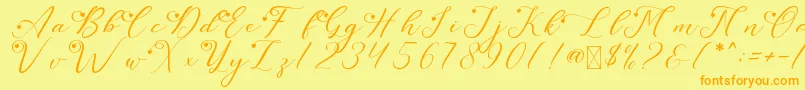 フォントLeslieDawnLove – オレンジの文字が黄色の背景にあります。