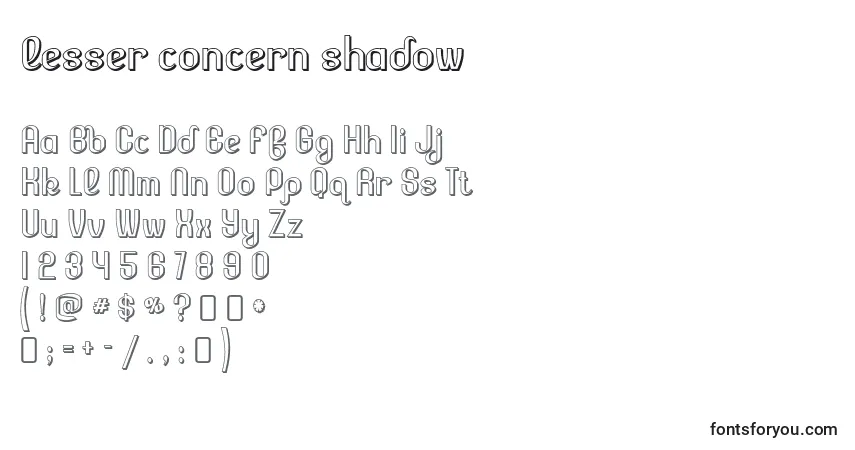 Шрифт Lesser concern shadow – алфавит, цифры, специальные символы