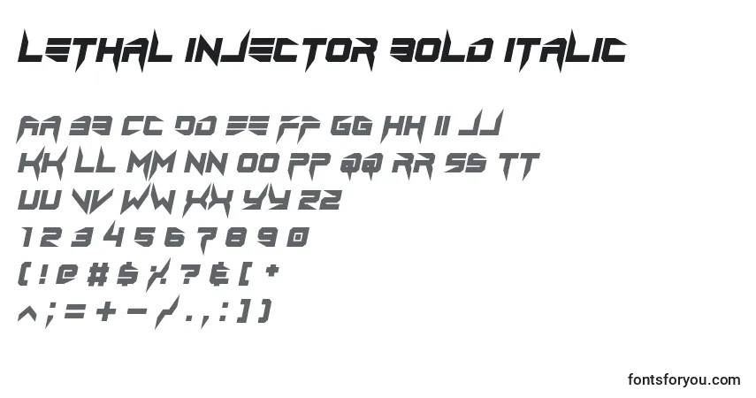 Schriftart Lethal injector bold italic – Alphabet, Zahlen, spezielle Symbole