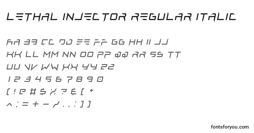 Schriftart Lethal injector regular italic – Alphabet, Zahlen, spezielle Symbole