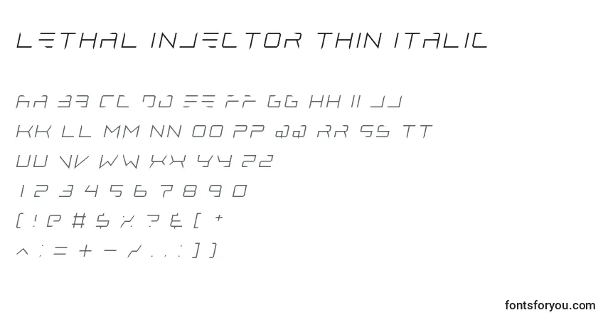 Шрифт Lethal injector thin italic – алфавит, цифры, специальные символы