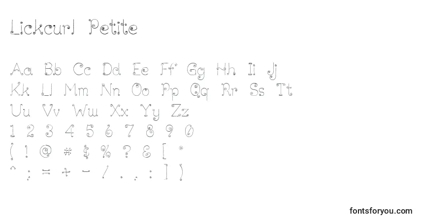 A fonte Lickcurl Petite – alfabeto, números, caracteres especiais