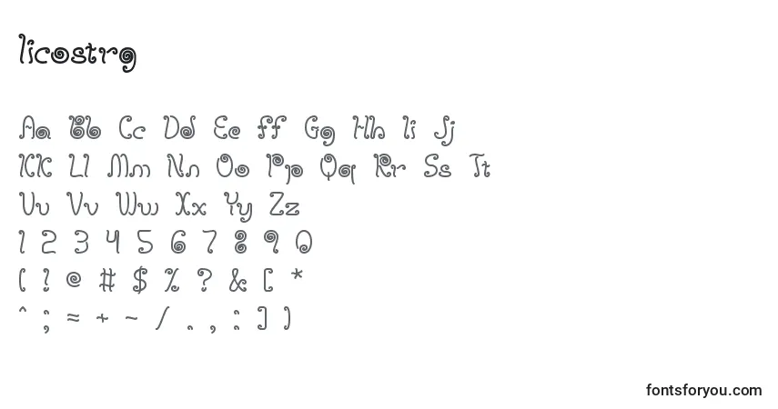 A fonte Licostrg (132554) – alfabeto, números, caracteres especiais