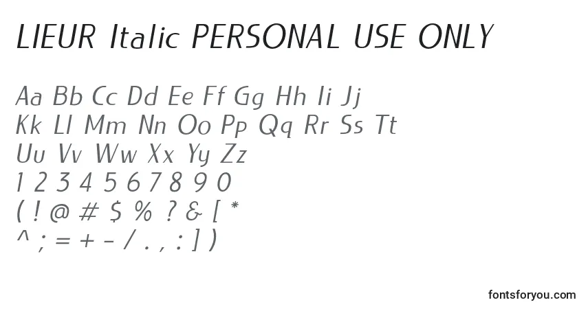 A fonte LIEUR Italic PERSONAL USE ONLY – alfabeto, números, caracteres especiais