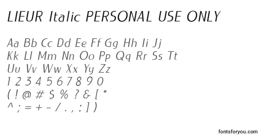 A fonte LIEUR Italic PERSONAL USE ONLY (132561) – alfabeto, números, caracteres especiais