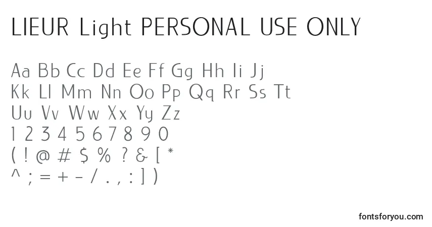 Schriftart LIEUR Light PERSONAL USE ONLY – Alphabet, Zahlen, spezielle Symbole