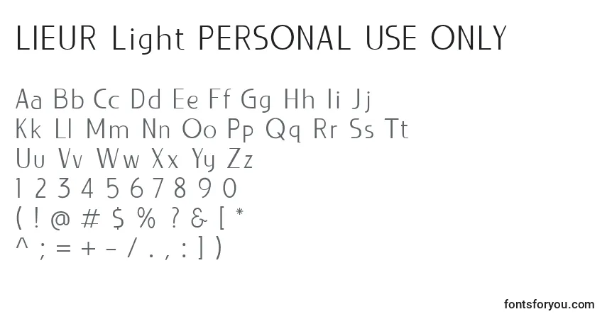 A fonte LIEUR Light PERSONAL USE ONLY (132563) – alfabeto, números, caracteres especiais