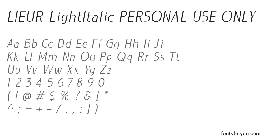 A fonte LIEUR LightItalic PERSONAL USE ONLY – alfabeto, números, caracteres especiais