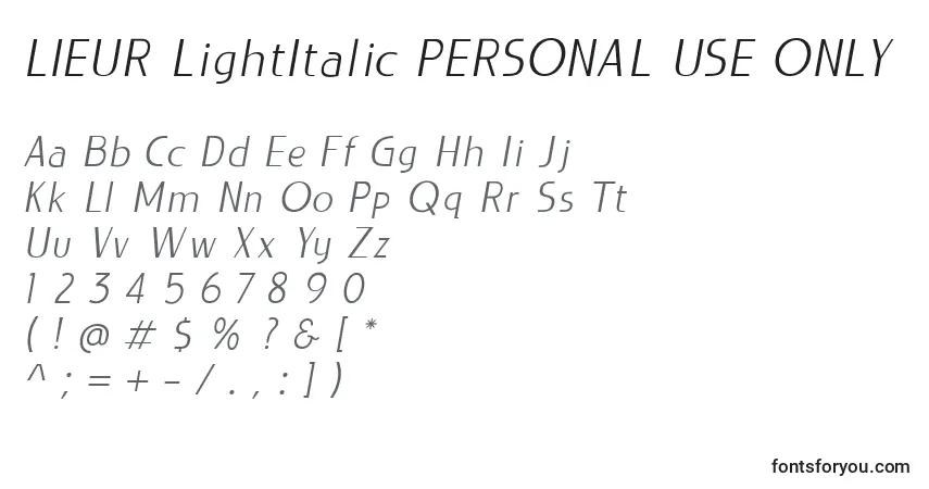 Шрифт LIEUR LightItalic PERSONAL USE ONLY (132565) – алфавит, цифры, специальные символы