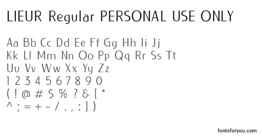 A fonte LIEUR Regular PERSONAL USE ONLY – alfabeto, números, caracteres especiais